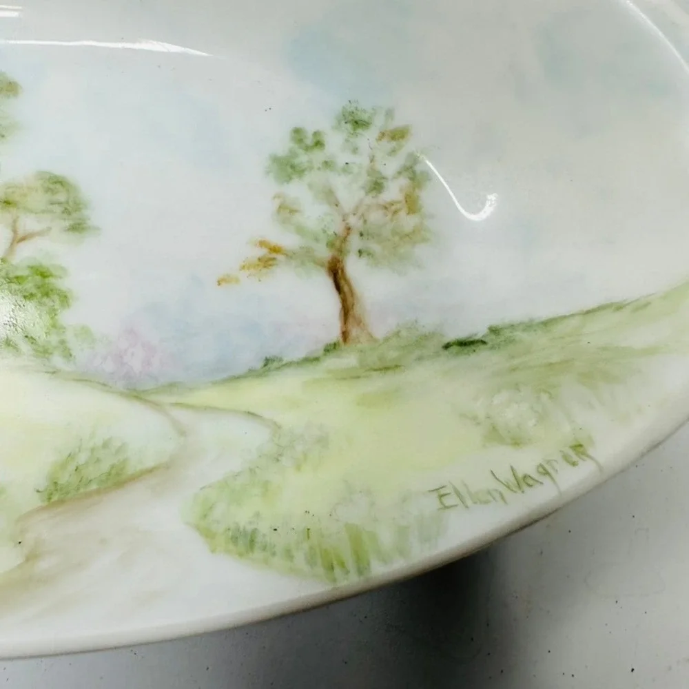Hand Painted Oval Dish Ellen Wagner Signed Village Church Landscape Porcelain